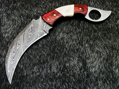 HS-890 Custom Hand Forged Damascus Steel 10" Karambit Knife - Hard Wood Handle