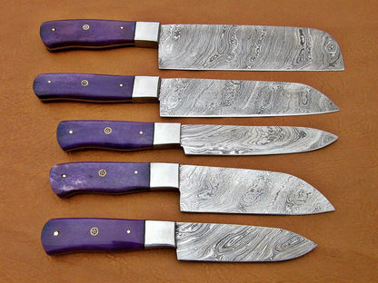HS-194 Custom Handmade Damascus Kitchen Knives With Colour Bone Handle Handle