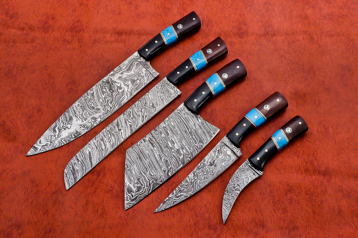 HS-142 Custom Handmade Damascus Steel 5 Pc's Chef Set with Turquoise,Resin,Wood Handle