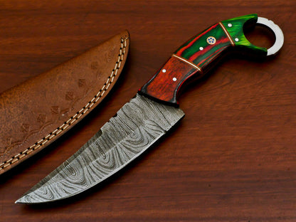 HS-563 HAND MADE DAMASCUS BLADE SKINNING HUNTING KNIFE - FULL TANG - PAKKA WOOD