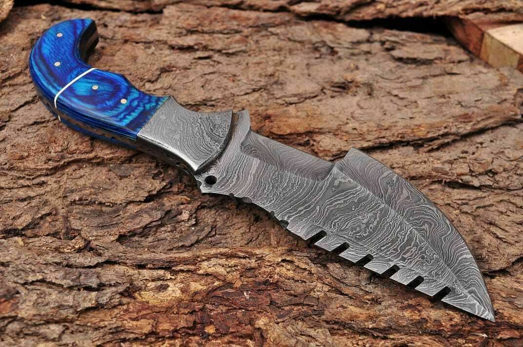 HS-933 Custom Handmade Damascus Steel Tracker-Hunting Knife With Blue Wood Handle