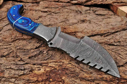 HS-933 Custom Handmade Damascus Steel Tracker-Hunting Knife With Blue Wood Handle