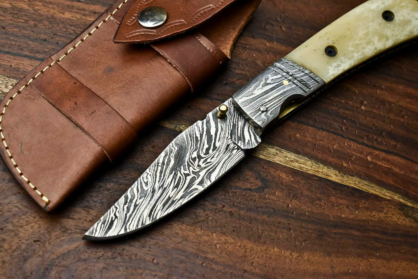 HS-1140 Custom Handmade Damascus Steel Blade Liner-Lock Pocket Folding Knife| CAMEL BONE