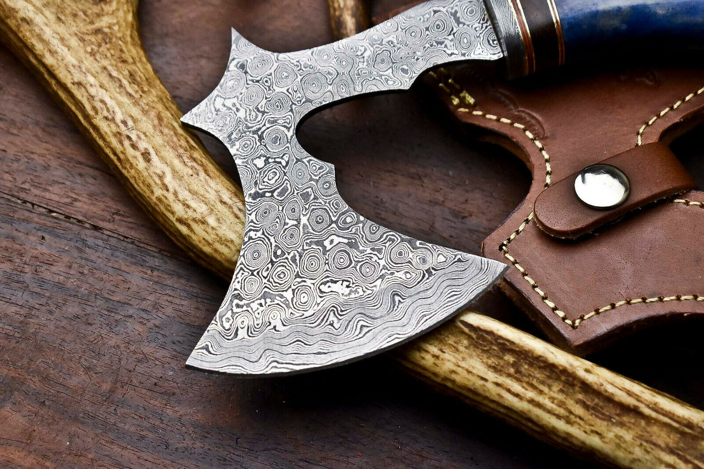 HS-1057 | Custom Hand Made Damascus Blade Hunting Hatchet Mini Viking Axe | Camel Bone & Wood
