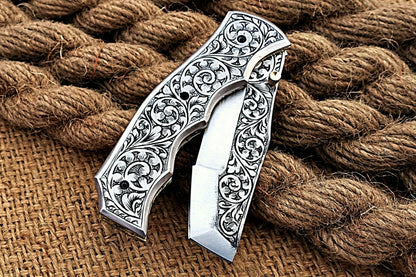 Custom Hand Engraved Folding-Pocket Knife Life Time Used With Engraved Handle