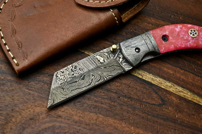 HS-1136 Custom Handmade Damascus Steel Blade Liner-Lock Pocket Folding Knife| CORIAN