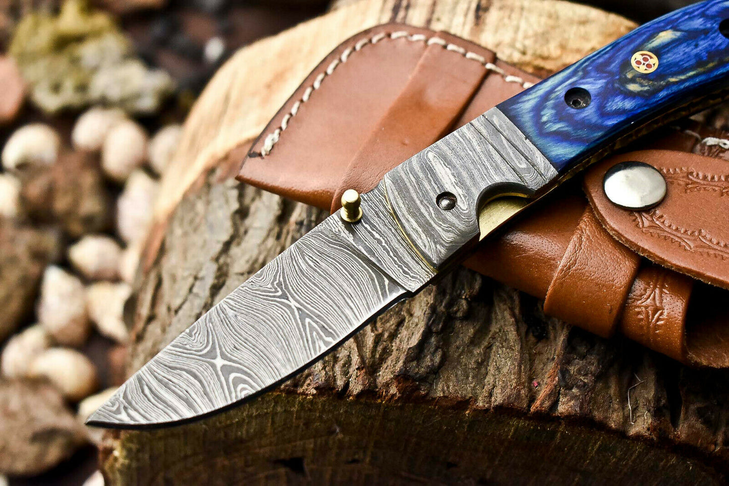 Custom Handmade Damascus Steel Pocket Folding Knife - Beautiful Hard Wood Handle