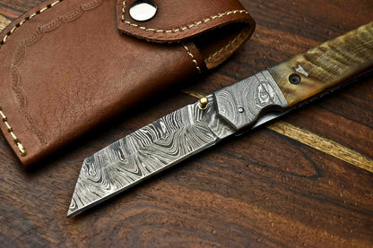 HS-1137 Custom Handmade Damascus Steel Blade Liner-Lock Pocket Folding Knife| RAM'S HORN