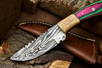 HS-671 Custom Handmade Damascus Steel Skinner Knife - Beautiful Hard Wood Handle