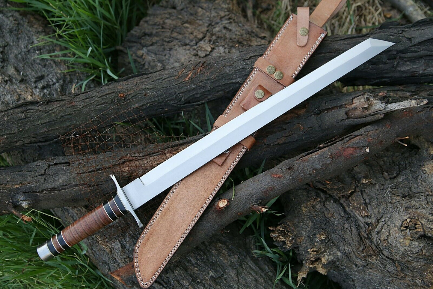 HS-1092 | Steel Blade Tanto Sword, Handmade Heavy Duty Sword, Stacked Leather Handle