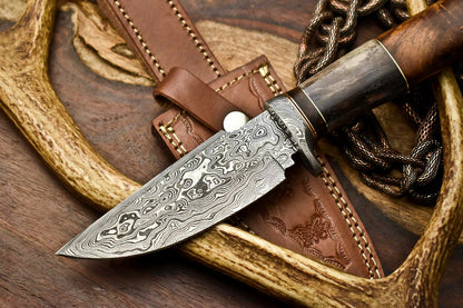 HS-404 | Custom Handmade Awesome Camel Bone/Walunt Wood Handle Damascus Steel Hunting Knife - Great Price