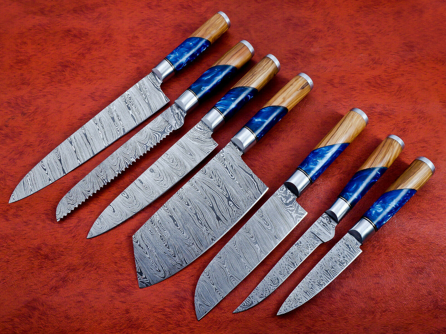 Hs-137 Unique Epoxy and Wooden Handle 7Pc's Chef Set of Custom Handmade Damascus Steel