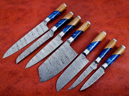 Hs-137 Unique Epoxy and Wooden Handle 7Pc's Chef Set of Custom Handmade Damascus Steel