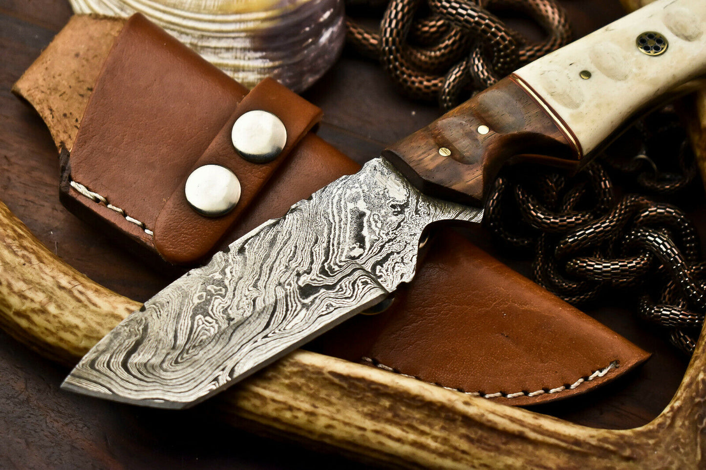 HS-414 | Custom Handmade Damascus Steel Hunting Knife - Wood & Camel Bone Handle