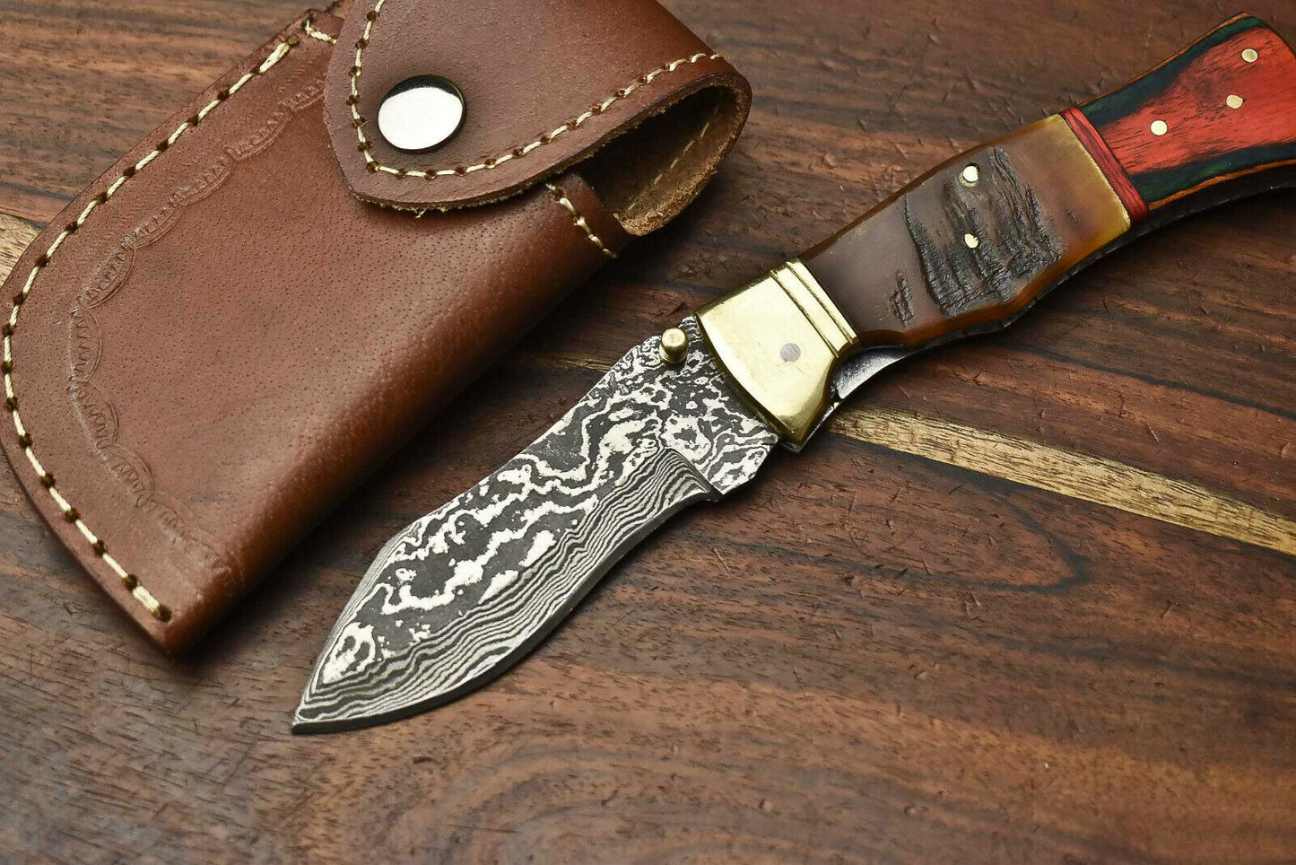 HS-1139 Custom Handmade Damascus Steel Blade Liner-Lock Pocket Folding Knife| Ram Horn