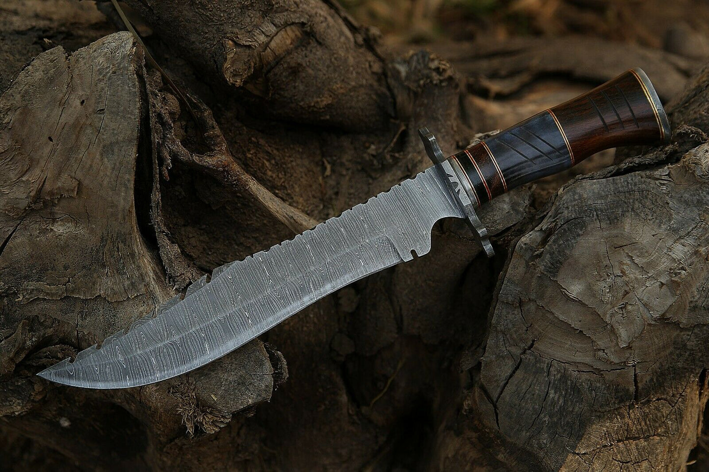 HS-309 '' Damascus Steel Hunting Bowie Knife 15" Walnut Wood And Bone Handle