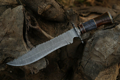 HS-309 '' Damascus Steel Hunting Bowie Knife 15" Walnut Wood And Bone Handle