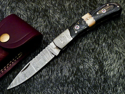 HS-1120 '' CUSTOM HANDMADE DAMASCUS BLADE POCKET FOLDING KNIFE - HARD WOOD HANDLE
