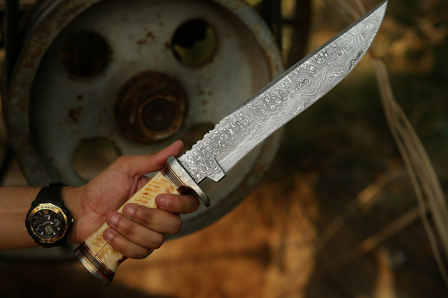 HS-303 15'' Hand Forged Bowie Knife, Beautiful Bone Handle, Damascus knife with sheath