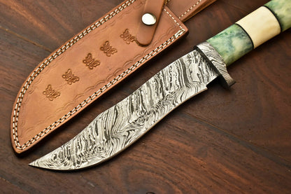 HS-329 | Custom Handmade Damascus Steel Hunitng/Bowie Knife - Colour Camel Bone Handle