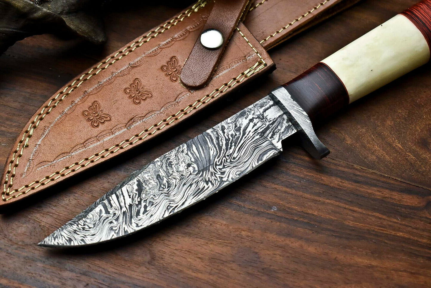 HS-319 Custom Hand Made Damascus Steel Blade Bowie Hunting Knife | CAMEL BONE