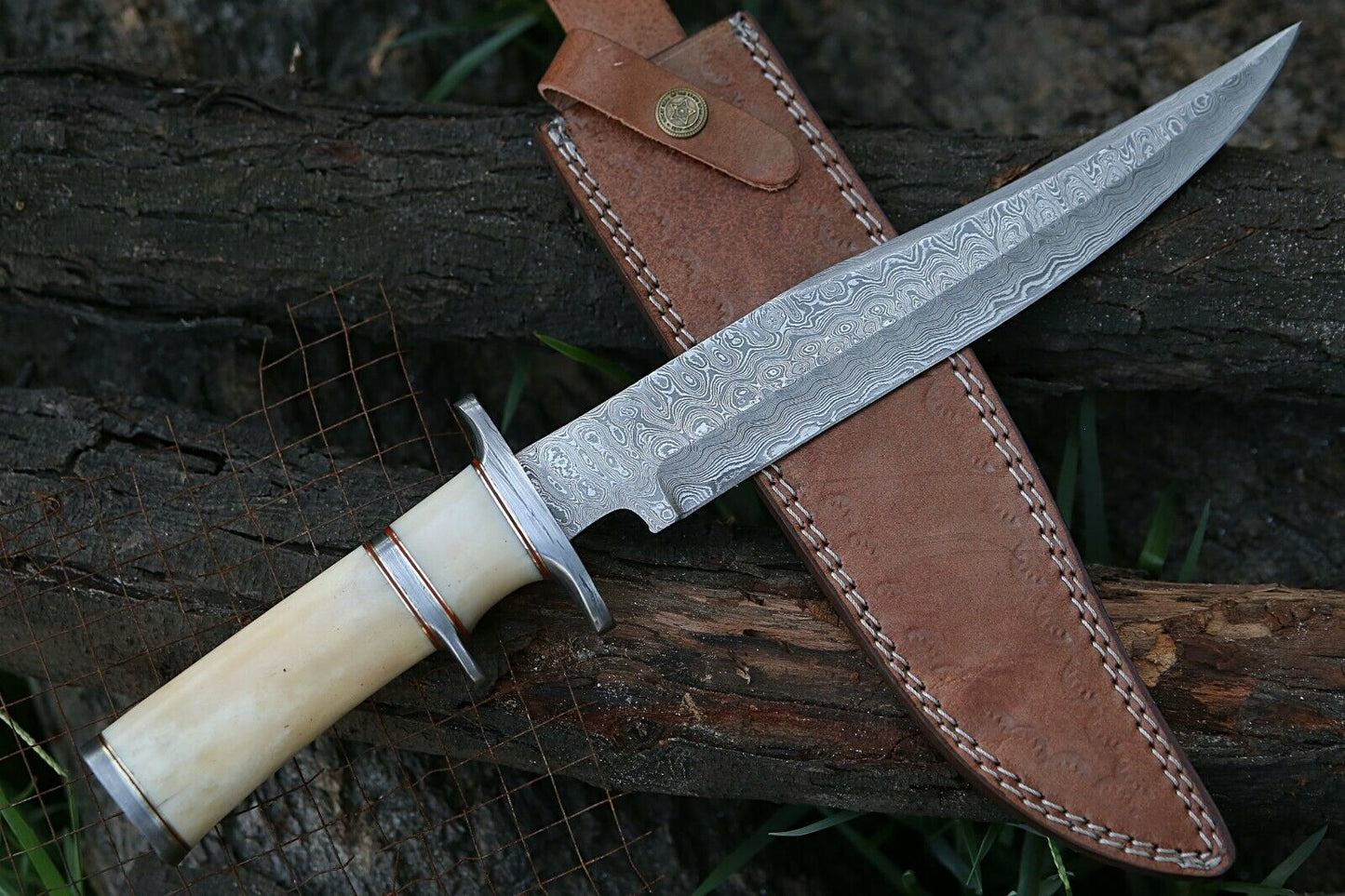 HS-311  Personalized Damascus Hunting Bowie Knife, Damascus Steel Blade, Camel Bone Hand