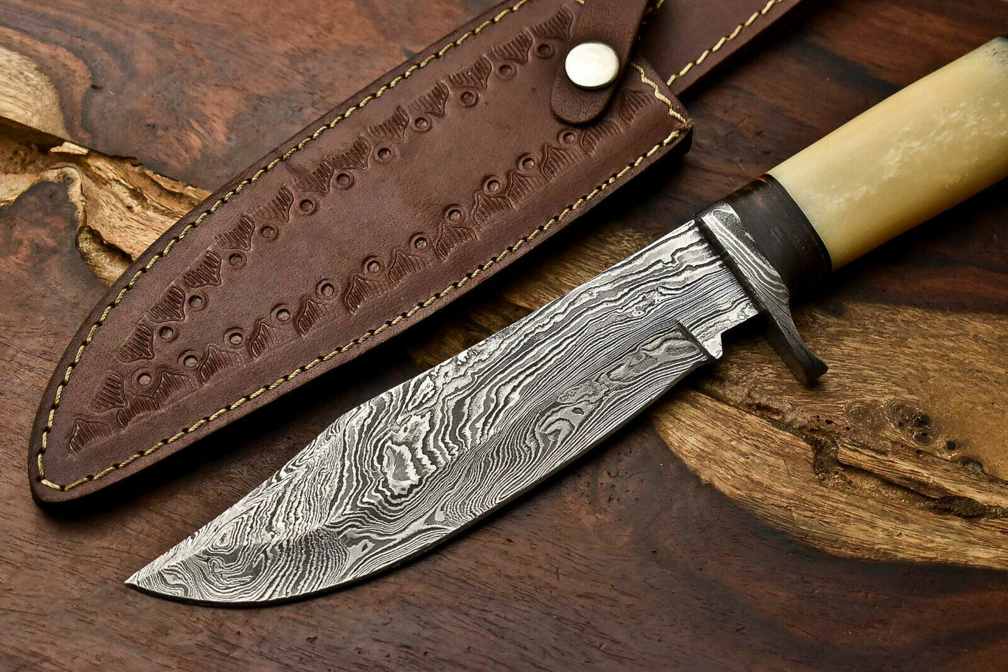 HS-323 Custom Handmade Damascus Steel Bowie Hunting Camping Knife - Beautiful Wood Handle