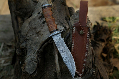HS-366 '' 12", Damascus Steel Knife, Exotic Rosewood & Stacked Leather handle with pouch.