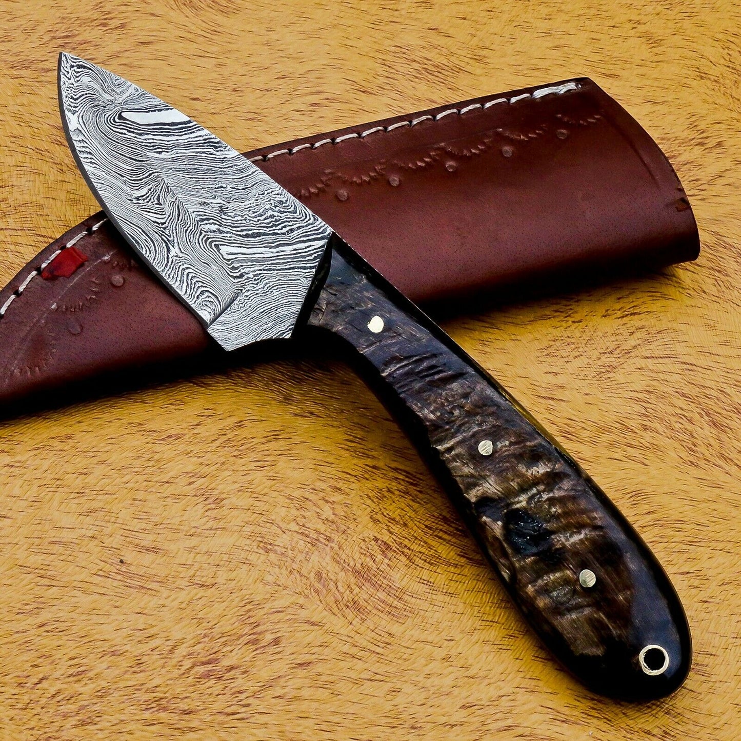 HS-584 CUSTOM DAMASCUS STEEL HUNTING/BOWIE/DAGGER KNIFE HANDLE RAM HORN WITH SHEATH