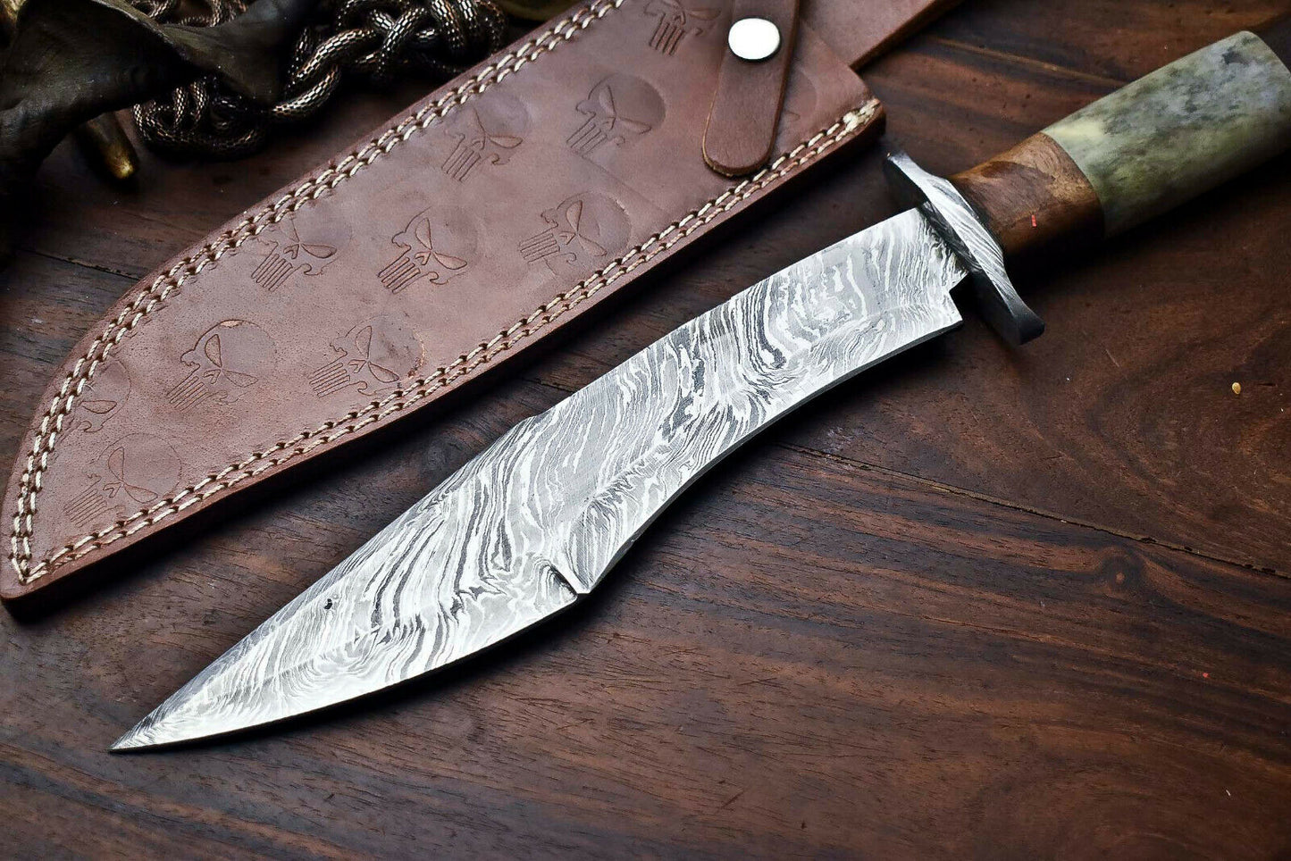 HS-326 | Custom Handmade Damascus Steel Bowie/Hunting Knife - Camel Bone Handle