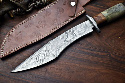 HS-326 | Custom Handmade Damascus Steel Bowie/Hunting Knife - Camel Bone Handle