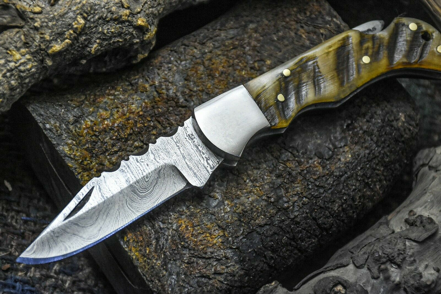 HS-1116 "  CUSTOM HANDMADE DAMASCUS STEEL BLADE FOLDING KNIFE RAM HORN