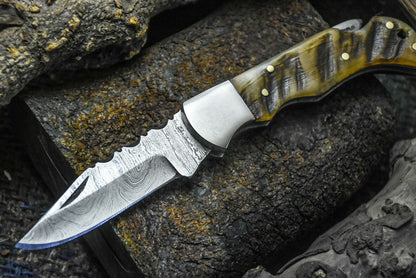 HS-1116 "  CUSTOM HANDMADE DAMASCUS STEEL BLADE FOLDING KNIFE RAM HORN