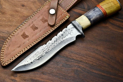 HS-325 | Custom Handmade Damascus Steel Bowie/Hunting Knife - Colour Camel Bone Handle