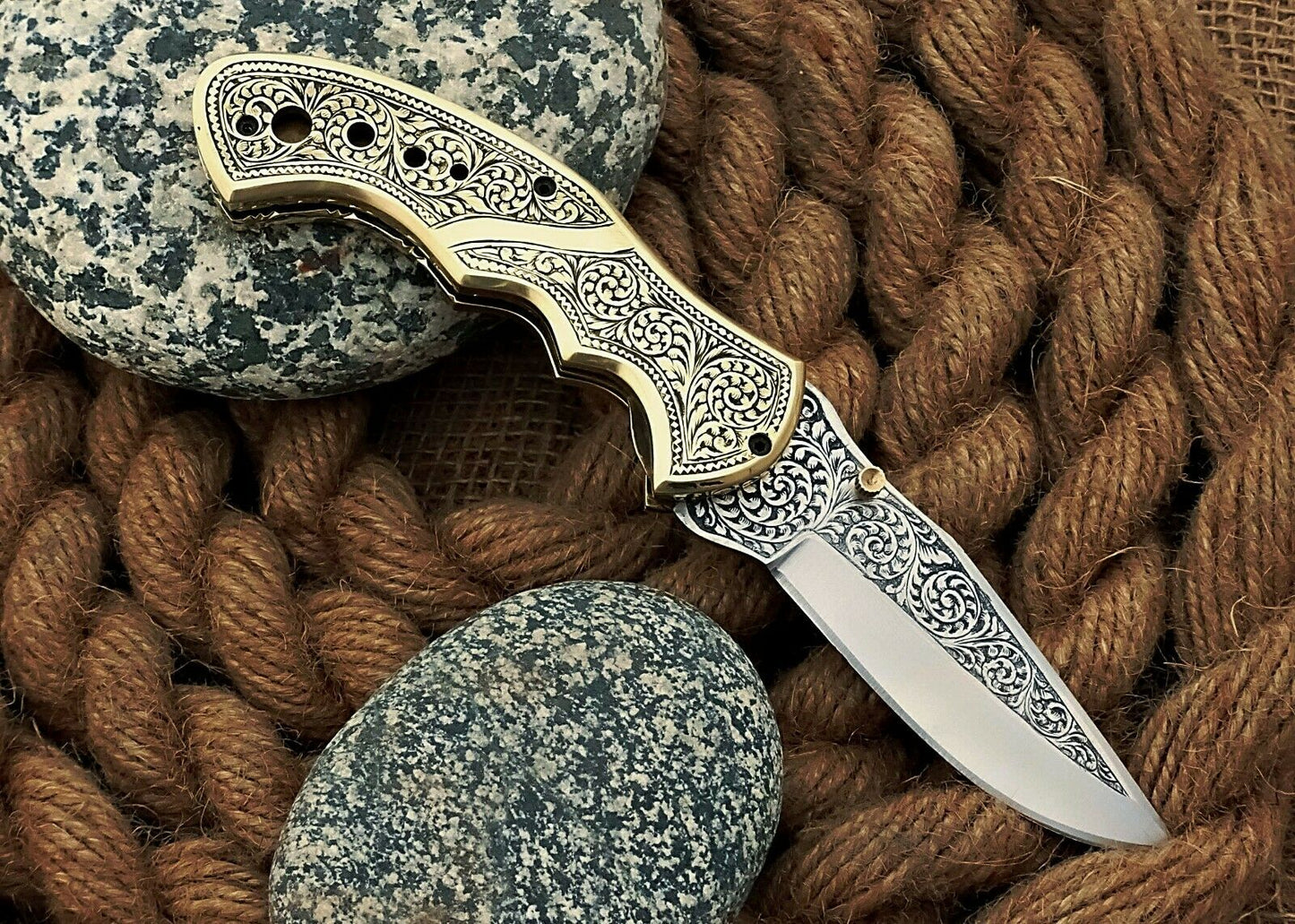 Custom Hand Engraved Folding-Pocket Knife Life Time Used With Brass Engraved Handle
