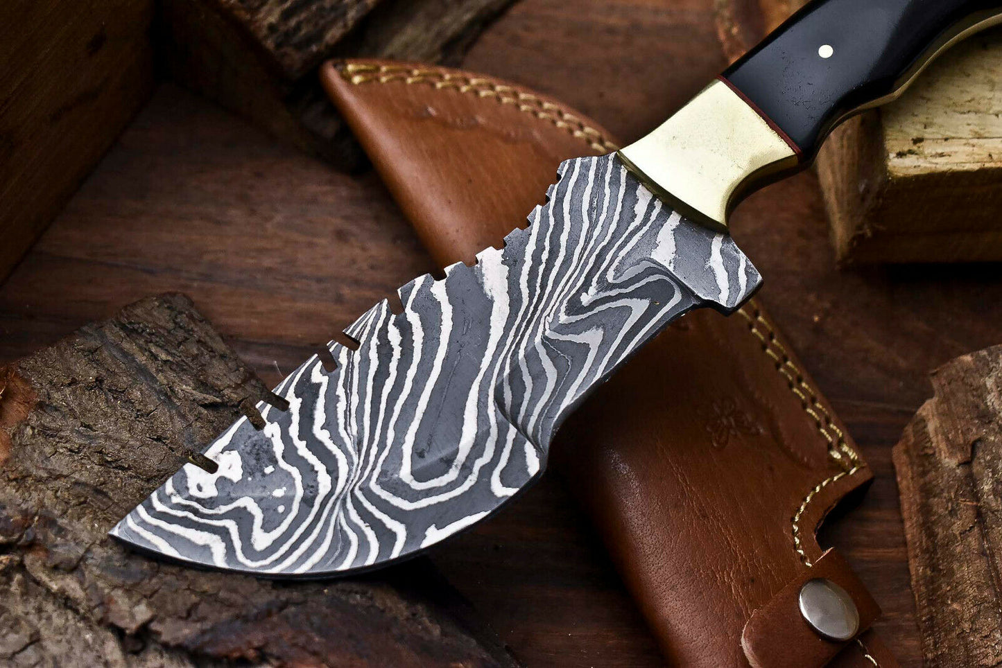 HS-923 Custom Handmade Damascus Steel Camping Tracker Knife - Beautiful Bull Horn Handle