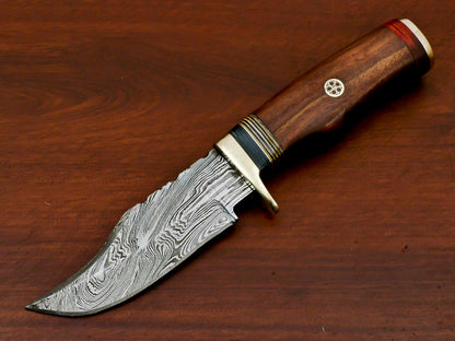 HS-372 '' CUSTOM MADE HAND FORGED DAMASCUS FIXED BLADE HUNTING KNIFE - BRASS GUARD-