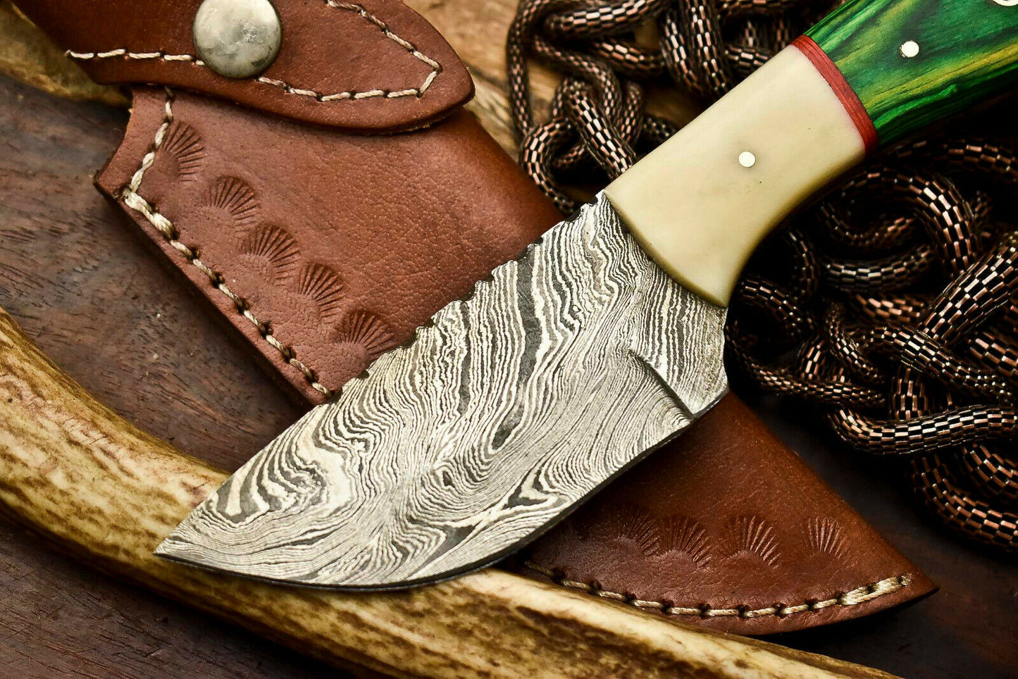 HS-683  Custom Handmade Damascus Steel Skinner Knife - Beautiful Bone Wood Handle