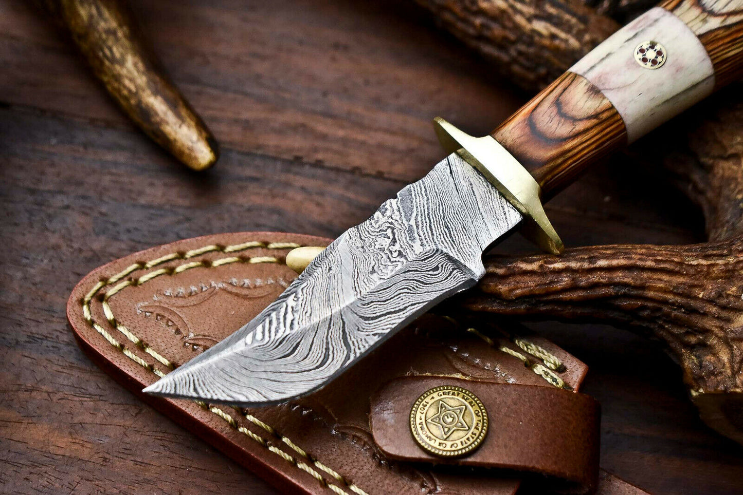 HS-413 | Custom Handmade Damascus Steel Hunting Knife - Hard Wood Handle