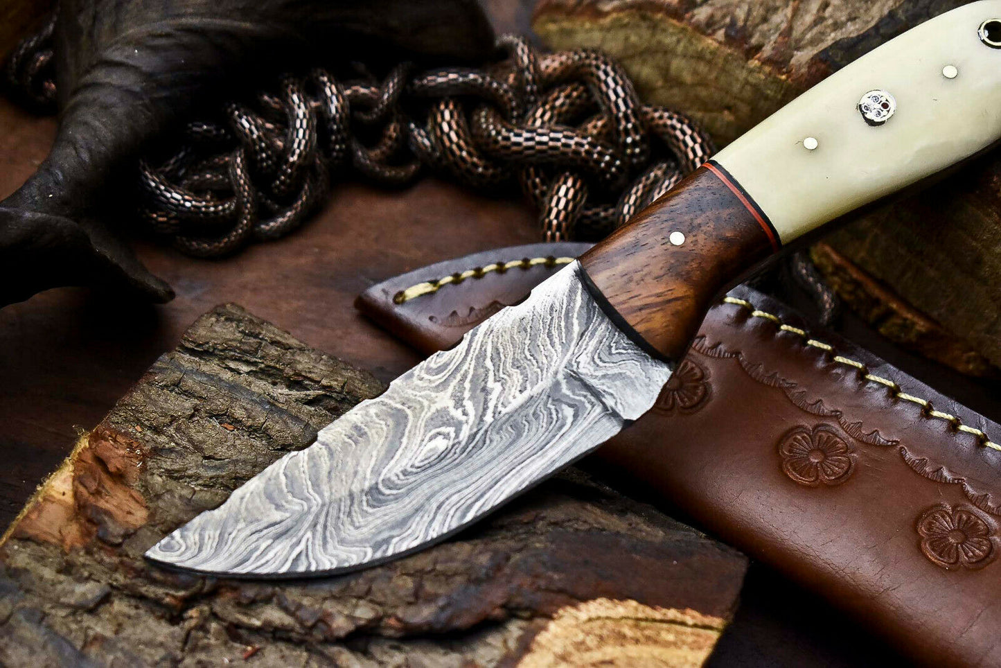 HS-718 Custom Handmade Camel Bone & Wood Hanlde Damascus Steel Skinner Knife - Great Price