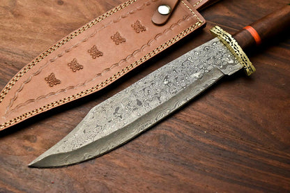 HS-411 | Custom Handmade Damascus Steel Hunting/Bowie Knife - Wood Handle