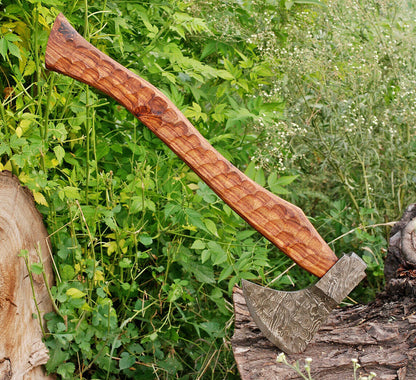 HS-1061 | Custom Handmade Damascus Hand Forged Tomahawk knife, Hatchet, Axe,Integral Natural Wood