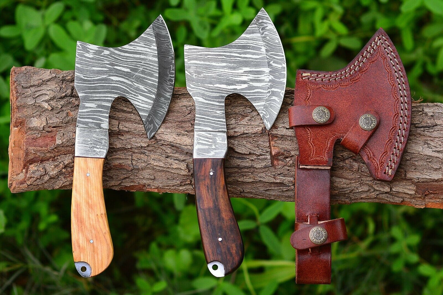 HS-1048 A Pair Of Custom Handmade Damascus Steel Viking Axe wood handle & Leather sheath