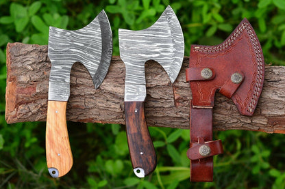 HS-1048 A Pair Of Custom Handmade Damascus Steel Viking Axe wood handle & Leather sheath