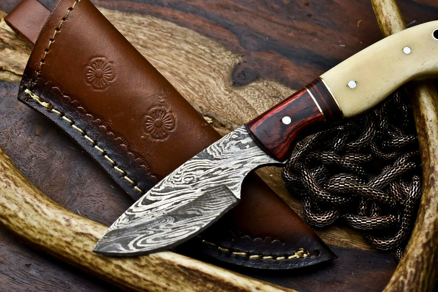 HS-712 Custom Handmade Awesome Camel Bone/Hard Wood Handle Damascus Steel Skinner Knife - Great Price