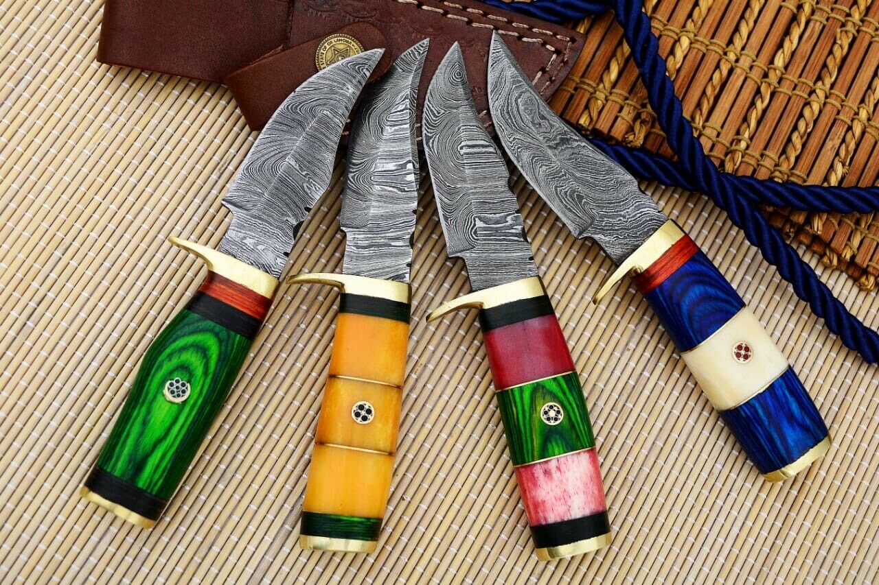 HS-804 Cutlery | Six Inch Custom Handmade Damascus Skinner Knife Lot of Four Pecs With Different Handles