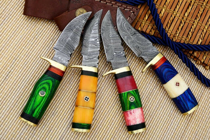 HS-804 Cutlery | Six Inch Custom Handmade Damascus Skinner Knife Lot of Four Pecs With Different Handles