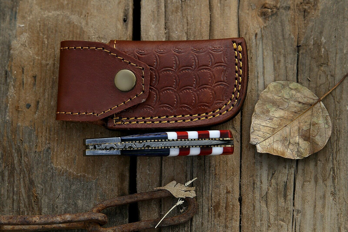 Custom Handmade Damascus Folding-Pocket Knife With American Flag Handle