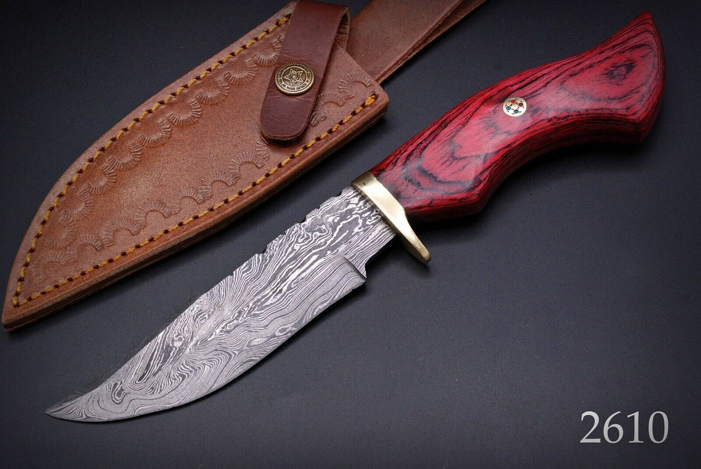 HS-444 | Ten Inch Custom Handmade Damascus Steel Hunting knife - Red Wood Handle