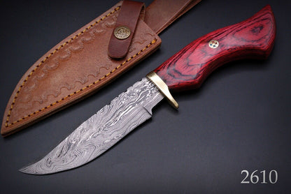 HS-444 | Ten Inch Custom Handmade Damascus Steel Hunting knife - Red Wood Handle